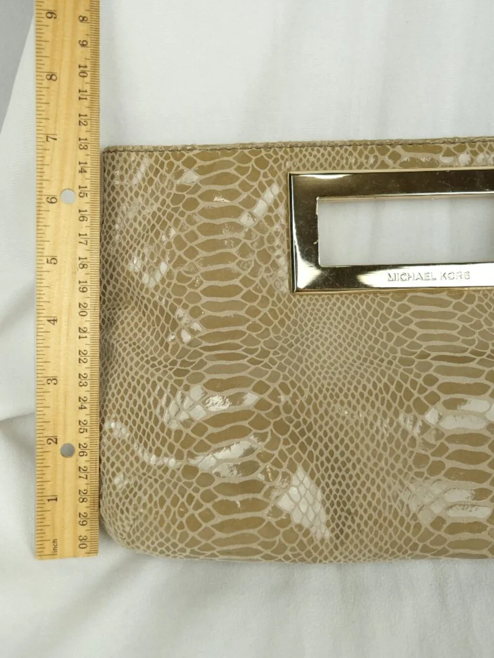 Michael Kors Snakeskin Clutch Gold Metal Handles Soft Beige Purse